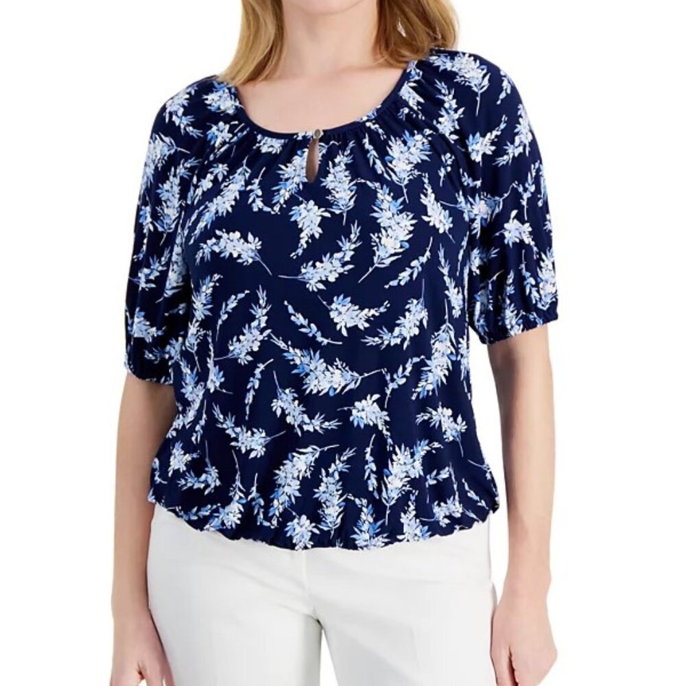 NWT Anne Klein Petite Printed Scoop-Neck Elbow-Sleeve Floral Top PL Large Petite
